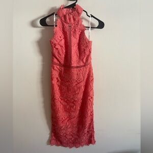 Bardot Coral Lace Midi Dress | Wedding Guest